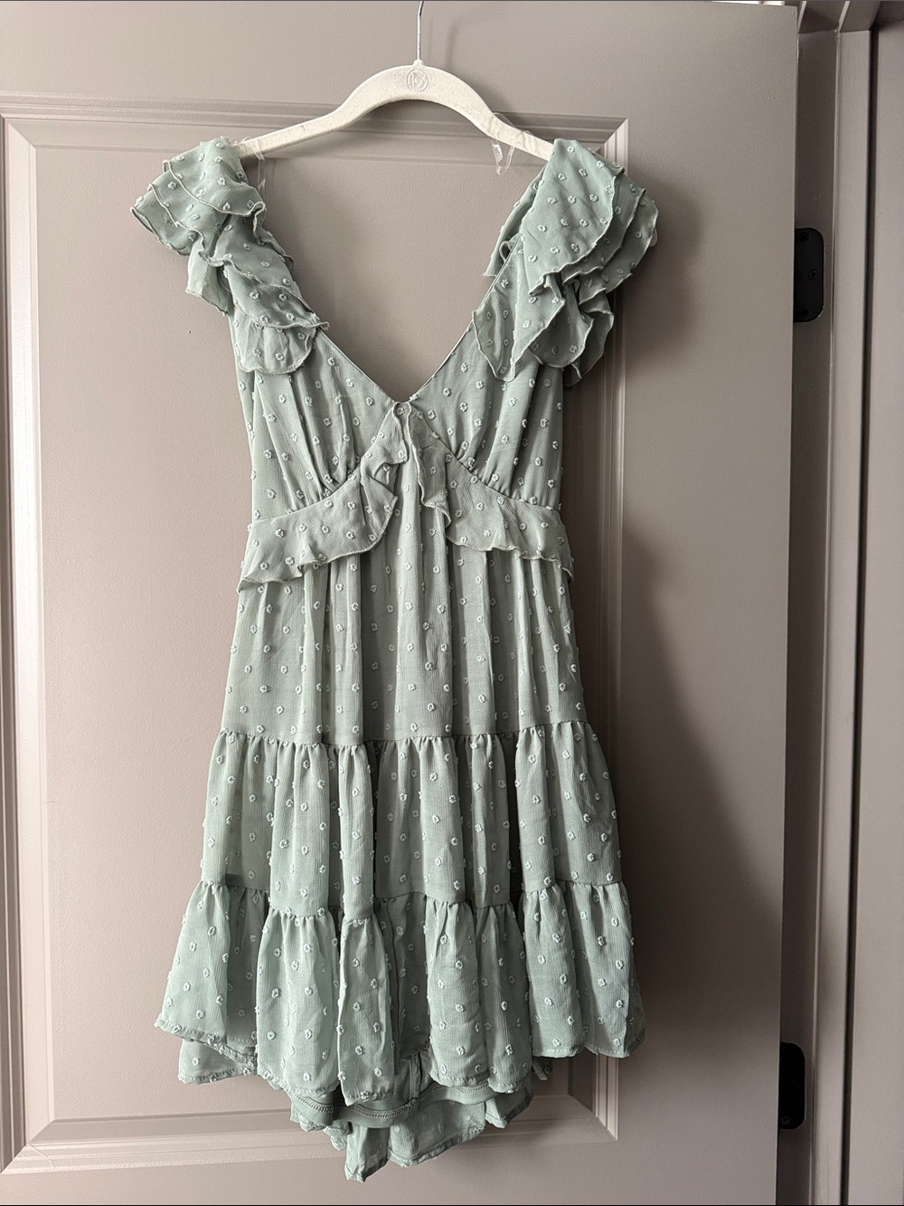 Trixxi Sage Green Ruffle Tiered V‑Neck Mini Dress